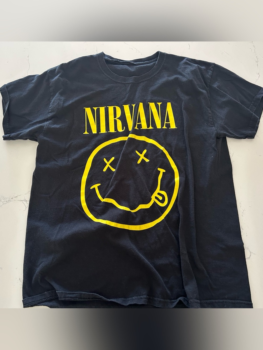 Vintage Nirvana Black Graphic Tee with Yellow Logo